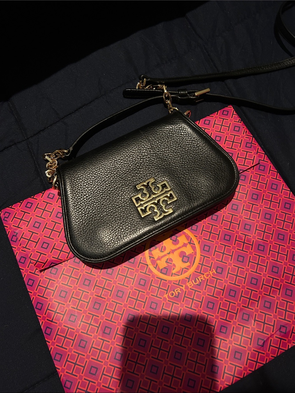 Tory Burch Black Pebbled Leather Crossbody with Gold Logo Hardware